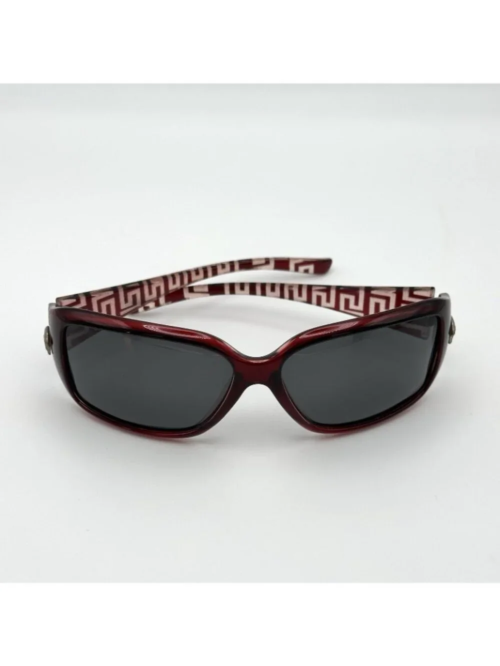 Fashion Rectangular Sunglasses Deep Burgundy Oxblood Frames Temple Medallion